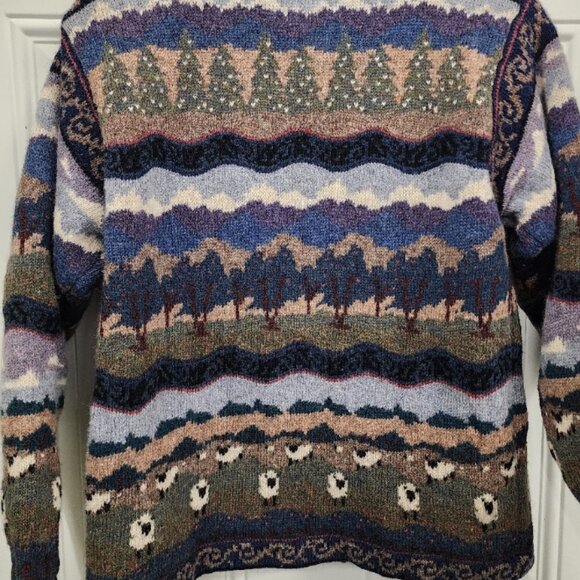 Icelandic Design Cardigan Sweater - Field with Trees & Sheep / Lambs - Small - Picture 9 of 11